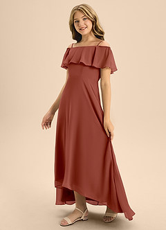 Azazie Maggie Junior A-Linie Schulterfrei Chiffon Kleid Rotbraun image4