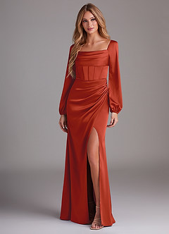 Azazie Charissa Bridesmaid Dresses Rust Sheath Long Sleeve Stretch Satin Dress image4