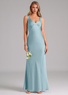Azazie Kamila Bridesmaid Dresses Moody Blue A-Line Pleated Stretch Satin Dress image1
