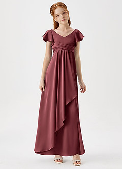 Azazie Omari Junior Merlot A-Line Pleated Stretch Satin Dress image3