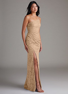 Azazie Eren Brautjungfernkleider Etui One-Shoulder Blumen-Burnout Kleid Champagner image3