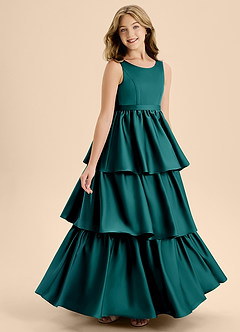 Azazie Meadowyn Junior Abito A-Line in Raso Elasticizzato Fiocco Verde Pavone image3