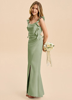 Azazie Jessamine Junior Dusty Sage A-Line Ruched Stretch Satin Dress image7