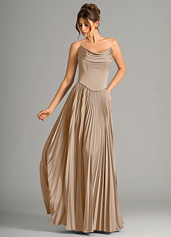 Azazie Saedra Bridesmaid Dresses Taupe A-Line Corset Stretch Satin Dress image1