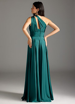 Azazie Charlize Robes de demoiselle d'honneur Robe Trapèze en Satin extensible Ue épaule Paon image6