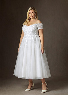 Azazie Rowe At-home Try On Dresses Diamond White A-Line Off the Shoulder Lace Dress image8