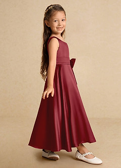 Azazie Lindy Flower Girl Dresses Pomegranate A-Line Pleated Matte Satin Dress image5