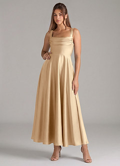 Azazie Shaude Bridesmaid Dresses Champagne A-Line Pleated Stretch Satin Dress image1