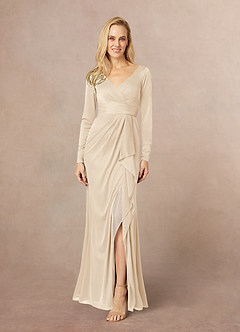 Azazie Risa Mother of the Bride Dresses Champagne Mermaid V-Neck Pleated Mesh Dress image1