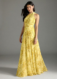 Azazie Charlize Vestidos de madrinha de casamento Vestido Sorvete De Limão Floresce Floral de Chiffon de Linha A com Ombro Único image4