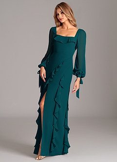 Azazie Candice Final Sale Pine A-Line Long Sleeve Chiffon Dress image3