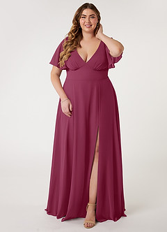 Azazie Kimber Brautjungfernkleider A-Linie Volantärmel Chiffon Kleid Maulbeerrot image6
