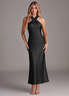 Azazie Doretta Bridesmaid Dresses Black Mermaid Pleated Stretch Satin Dress image1