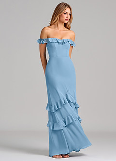 Azazie Marilynn Final Sale Steel Blue Mermaid Off the Shoulder Chiffon Dress image4
