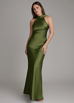 Azazie Dimitra Bridesmaid Dresses Olive A-Line Pleated Stretch Satin Dress image1