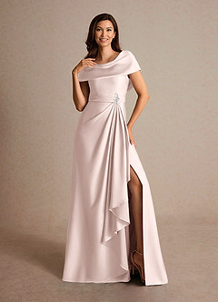 Azazie Branford Mother of the Bride Dresses Blushing Pink A-Line Pleated Stretch Satin Dress image6