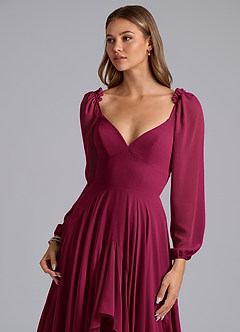 Azazie Karan Abiti da Damigella Abito A-Line in Chiffon Maniche Lunghe Borgogna image6