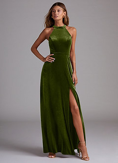 Azazie Clarice Bridesmaid Dresses Olive A-Line Side Slit Velvet Dress image4