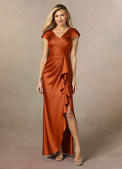 Azazie Anderson Mother of the Bride Dresses Burnt Orange A-Line Pleated Stretch Satin Dress image1