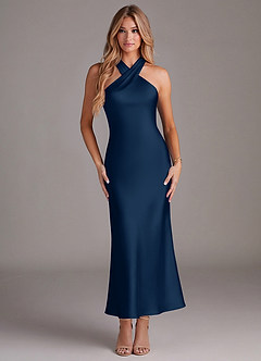 Azazie Doretta Bridesmaid Dresses Dark Navy Mermaid Pleated Stretch Satin Dress image1