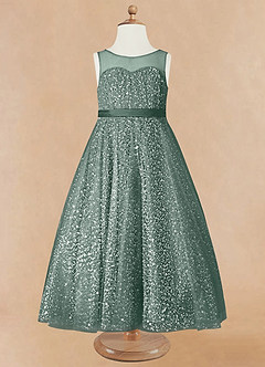 Azazie Siwa Sukienki dla dziewczynek sypiących kwiaty Linia A Zroszony Tiul Długość kostki Sukienka image5