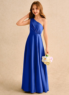 Azazie Puddles Girls Formal Flower Girl Dresses Royal Blue A-Line One Shoulder Matte Satin Dress image6
