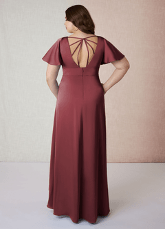 Azazie Lani Jurken voor bruidsmeisjes Jurk van Stretch Satijn met A-Lijn Flounce mouwen Merlot image8