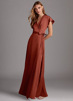 Azazie Nico Bridesmaid Dresses Terracotta A-Line V-Neck Stretch Satin Dress image4