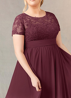 Azazie Annette At-home Try On Dresses Cabernet A-Line Lace Chiffon Dress image11