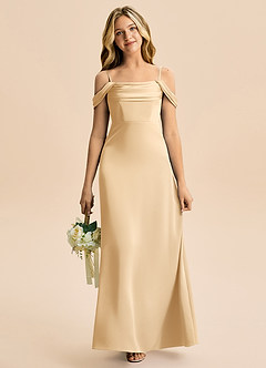 Azazie Lettie Junior A-Linie Schulterfrei Stretch-Satin Kleid Gold image2