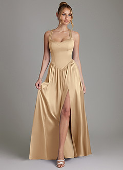 Azazie Francis Bridesmaid Dresses Champagne A-Line Corset Stretch Satin Dress image3