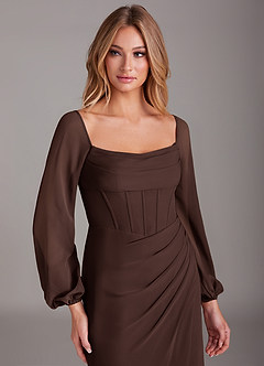 Azazie Charissa Bridesmaid Dresses Ganache Sheath Long Sleeve Chiffon Dress image7