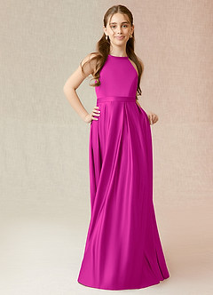 Azazie Arianthe Junior Fuchsia A-Line with Pockets Matte Satin Dress image4