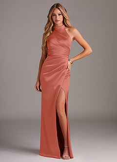 Azazie Jemma Robes de demoiselle d'honneur Robe Fourreau en Satin extensible Plissée Rose Saumon image1