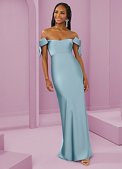 Barbie ♥ Azazie Bridesmaid Dresses Moody Blue Sheath Off the Shoulder Stretch Satin Convertible Dress image4
