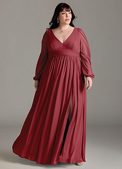 Azazie Norah Bridesmaid Dresses Pomegranate A-Line V-Neck Long Sleeve Chiffon Dress image6