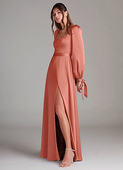 Azazie Leonia Jurken voor bruidsmeisjes Jurk van Stretch Satijn met A-Lijn Lange mouw Zalm Roze image5