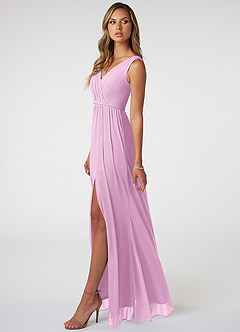 Azazie Tanicia Bridesmaid Dresses Candy Pink A-Line V-Neck Pleated Mesh Dress image3