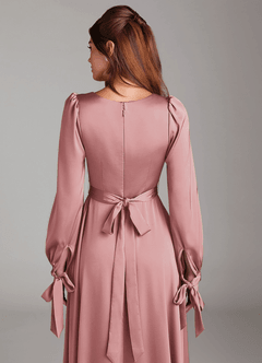 Azazie Leonia Bridesmaid Dresses Dusty Rose A-Line Long Sleeve Stretch Satin Dress image6