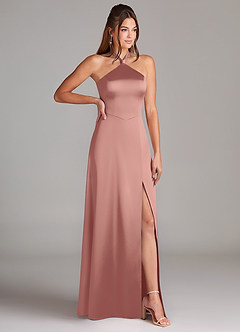 Azazie Elliana Robes de demoiselle d'honneur Robe Trapèze en Satin extensible Fente Latérale Rosette image3