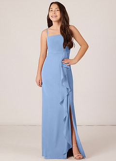Azazie Kaylee Steel Blue A-Line with Belt Chiffon Dress image4