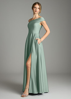 Azazie Melanie Robes de demoiselle d'honneur Robe Trapèze en Satin extensible Épaules dénudées Agave image4