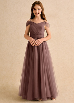 Azazie Yuna Girls Formal Abiti da Ragazza di Fiori Abito A-Line in Tulle Spalle Scoperte Espresso image4