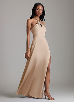 Azazie Tracie Bridesmaid Dresses Taupe A-Line Side Slit Stretch Satin Dress image3