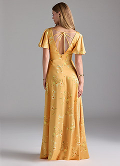 Azazie Lani Brautjungfernkleider A-Linie Volantärmel Stretch-Satin Kleid Goldene Blüten image6