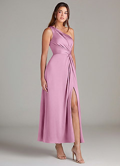 Azazie Brooke Robes de demoiselle d'honneur Robe Trapèze en Satin extensible Une épaule Rose Bonbon image4