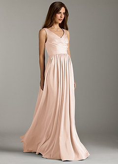 Azazie Keyla Bridesmaid Dresses Blushing Pink A-Line Pleated Stretch Satin Dress image1