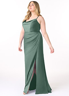 Azazie Marzia Bridesmaid Dresses Eucalyptus Sheath Cowl Pleated Stretch Satin Dress image9