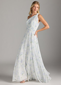 Azazie Charlize Bridesmaid Dresses Blue Vintage Floral A-Line One Shoulder Chiffon Dress image5