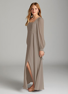 Azazie Leonia Junior Taupe A-Line with Pockets Chiffon Dress image3